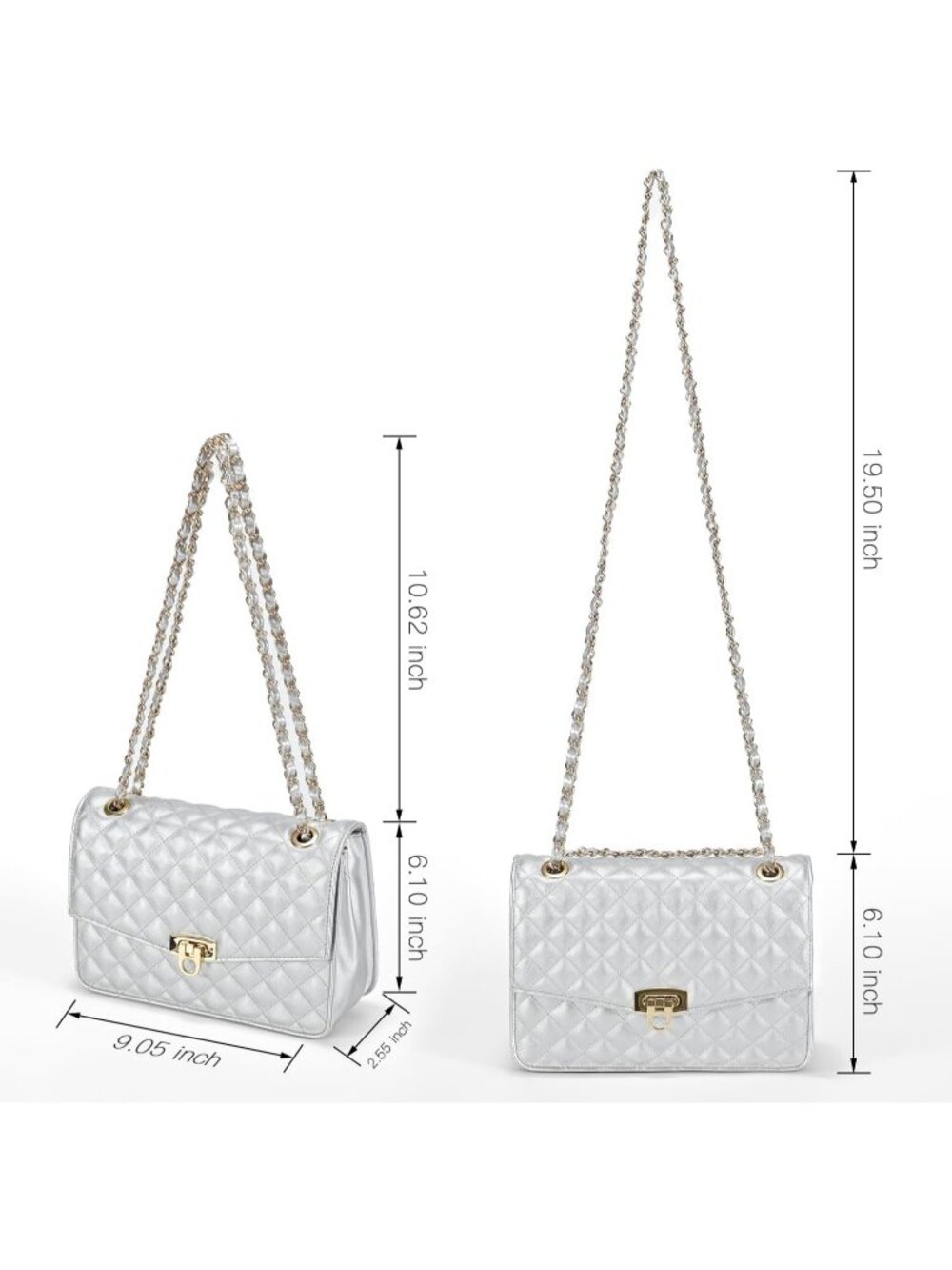 Women's Silver Quilted Crossbody Vegan Bag Leather Chain Shoulder Purse - Picture 6 of 6